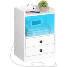 HOOBRO EWT28CDBZ01 Bedside Table with LED Strips, Bedside Table with Charging Station, Side Table with 2 Drawers, Sofa Table for Bedroom, Living Room, Modern Style, White
