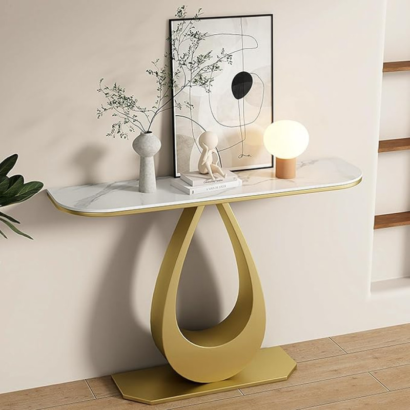 Moderner Eingangstisch mit Marmorplatte und goldfarbenem Metallsockel, stilvolle Konsole, Sofatisch für Foyer, Flur und Wohnzimmer, 120 cm breit, schicker Heimdekor-Akzent
