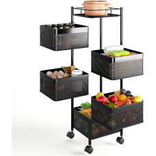 BAKAJI Metal Kitchen Trolley with 5 Shelves Open and 4 Wheels 360 Degree Rotating Space Saving Furniture for Home Kitchen Size 85 x 26 cm Modern Design (Square)