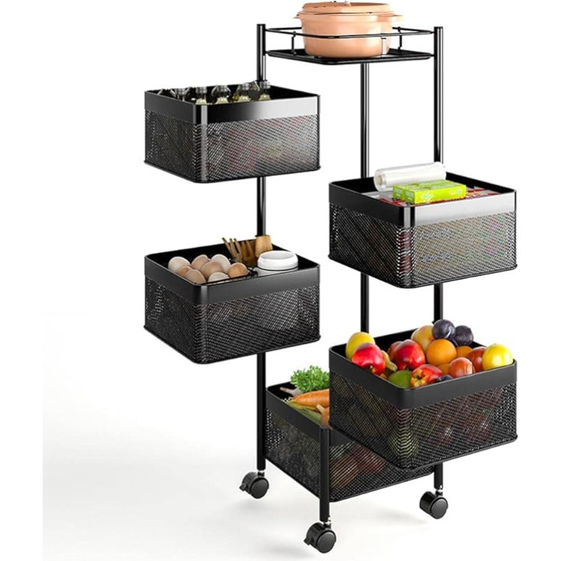 BAKAJI Metal Kitchen Trolley with 5 Shelves Open and 4 Wheels 360 Degree Rotating Space Saving Furniture for Home Kitchen Size 85 x 26 cm Modern Design (Square)