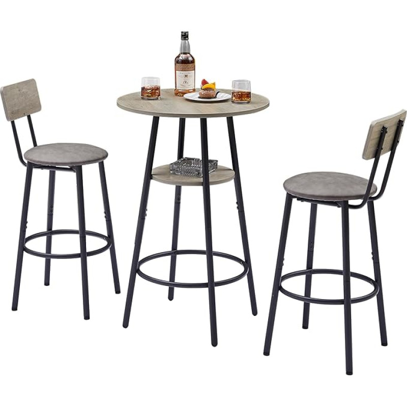 Tmsan Bar Table and Chair Set for 2 People, Small Round Bistro Coffee Table & PU Padded Stool with Backrest, High Top Pub Set for Kitchen Dining Room, Grey