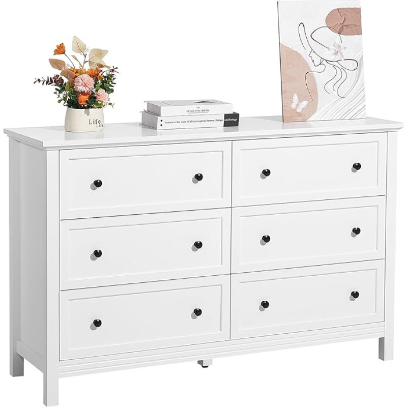 VEVOR Chest of Drawers with 6 Drawers, Wooden Chest of Drawers with Sliding and Tilt Protection, Minimalist Retro Drawer Cabinet, TV Stand, Organiser for Living Room, Bedroom, Entryway (White)