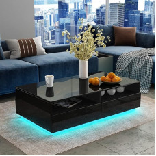 Senvoziii LED Coffee Table for Living Room, Side Table, Modern Wooden Table, Black Gloss Coffee Table with 4 Drawers, Storage for Home