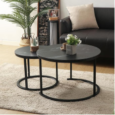 Round Side Table Set of 2, Modern Living Room Coffee Table Side Table 2 in 1 Set, Bedside Table, Laptop Table, Wooden Desk with Metal Frame, Black Marble Top, Minimalist Style