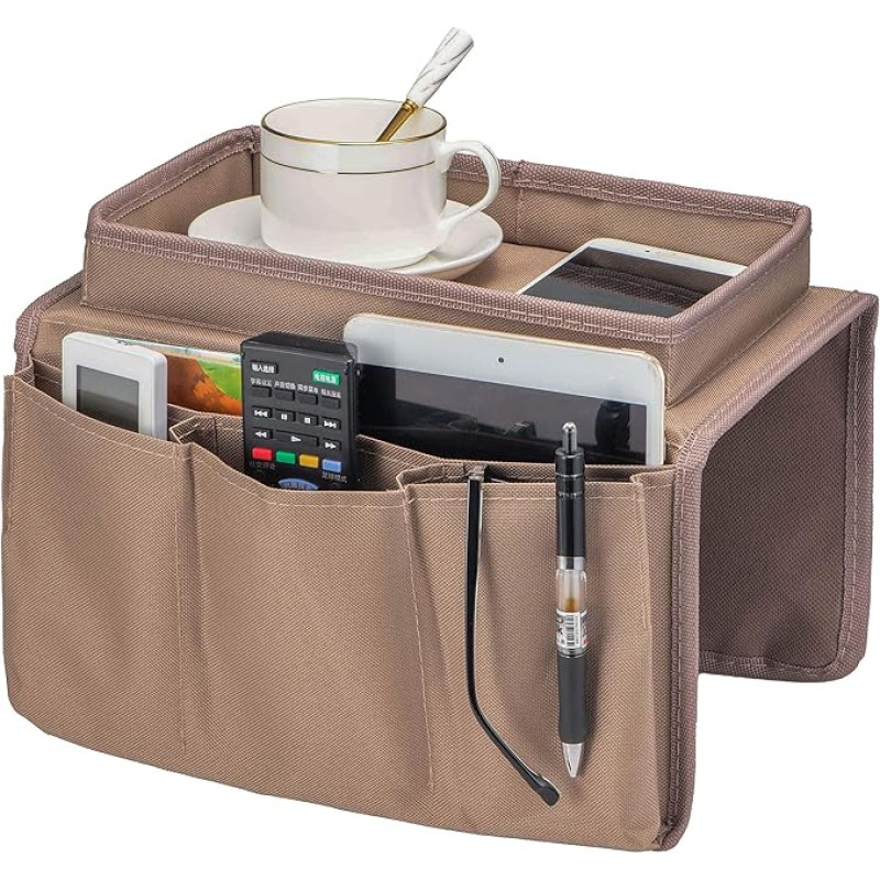 Sofa Armrest Organizer with Cup Holder, Couch Remote Holder Sofa Organizer for Recliner Mattress Chair Armrests with 5 Slots - 2 Large Pockets, 3 Small Pockets for