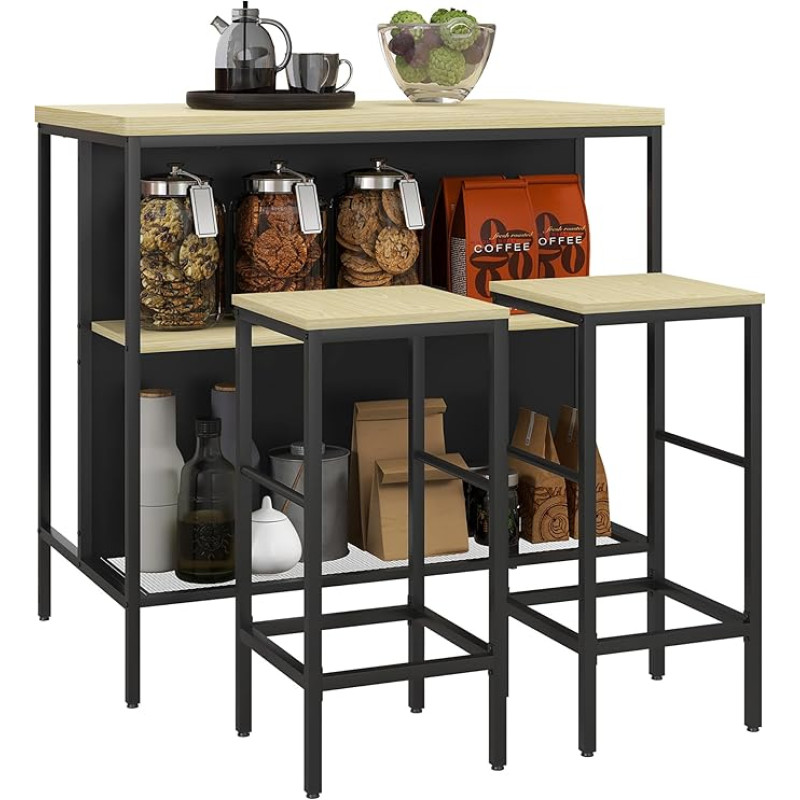 HOMCOM Bar Table with Bar Stool Set, 3-Piece Bar Table Set Including Kitchen Table with 2 Bar Stools, 2 Shelves, Modern Style Dining Set for Kitchen, Dining Room, Steel, Oak