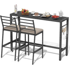 Bar Table Set 3-Piece Black Bar Table Set with 2 Chairs Kitchen Table with Padded Bar Stool Garden Furniture Set Made of Metal for Backyard, Porch, Bistro, Balcony, Dining Room