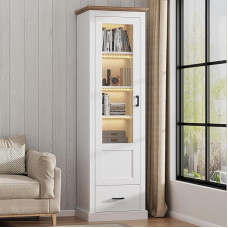 Merax Display Cabinet with LED Lighting, Glass Display Cabinet, Tall Cabinet, Living Room Cabinet with 4 Shelves and 1 Drawer, Glass Doors, Multi-Purpose Cabinet for Living Room, Office, Kitchen