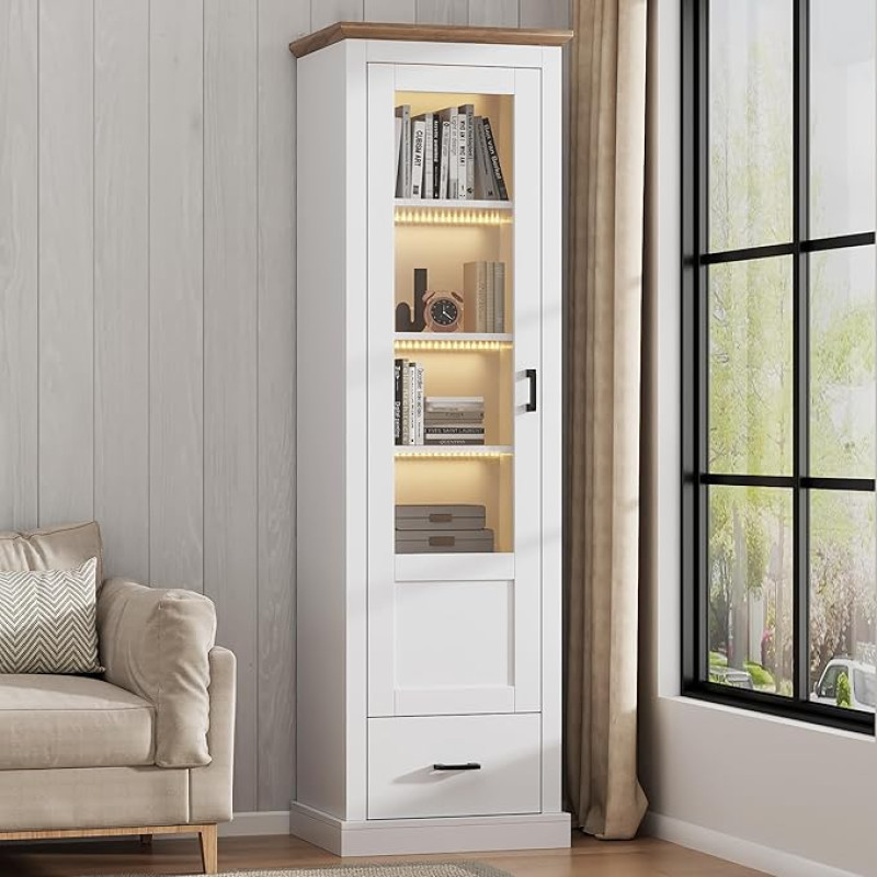 Merax Display Cabinet with LED Lighting, Glass Display Cabinet, Tall Cabinet, Living Room Cabinet with 4 Shelves and 1 Drawer, Glass Doors, Multi-Purpose Cabinet for Living Room, Office, Kitchen