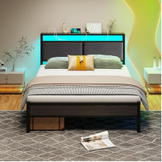 FOUBAM Double Bed Frame, Metal Platform, Upholstered Bed Frame with Storage, Heavy Duty Metal Bed, Double Bed with LED Lights and Charging Station, Mattress Base (Black)