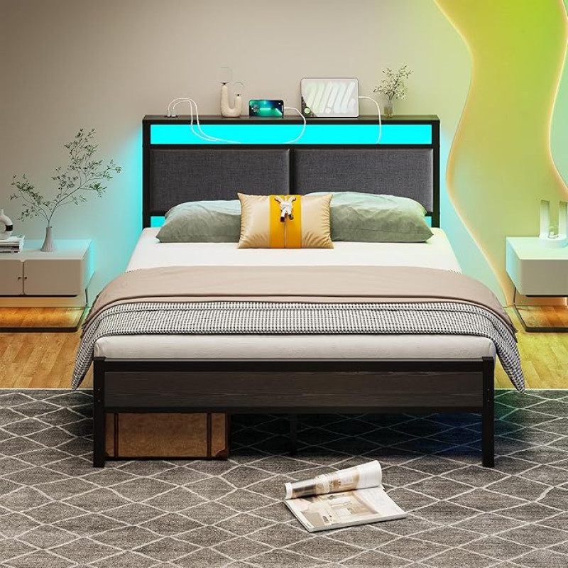 FOUBAM Double Bed Frame, Metal Platform, Upholstered Bed Frame with Storage, Heavy Duty Metal Bed, Double Bed with LED Lights and Charging Station, Mattress Base (Black)