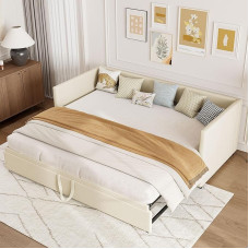 NLDGR Upholstered Sofa Bed, 2-in-1 Multi-Purpose Sofa Bed with Trundle, Convertible Velvet Sofa Bed 90/180 x 200 cm, Modern Two Seater for Living Room, Bedroom, Without Mattress (Beige)
