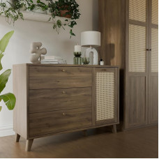Forte GLENKEEN Chest of Drawers 120, Boho Style Chest of Drawers with Rattan Weave, 3 Drawers, 1 Door, Wood Material, Valencia Oak Wood Decoration, Natural Rattan, 119.5 cm Wide x 84 cm High x 42 cm