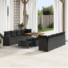 Rantry 11-teiliges Garten Sofa Set mit Kissen Schwarz Poly Rattan Akazie, 3-teiliges Garten Esstisch Set mit Kissen Schwarz Poly Rattan Akazie Gartenlounge Model3363544