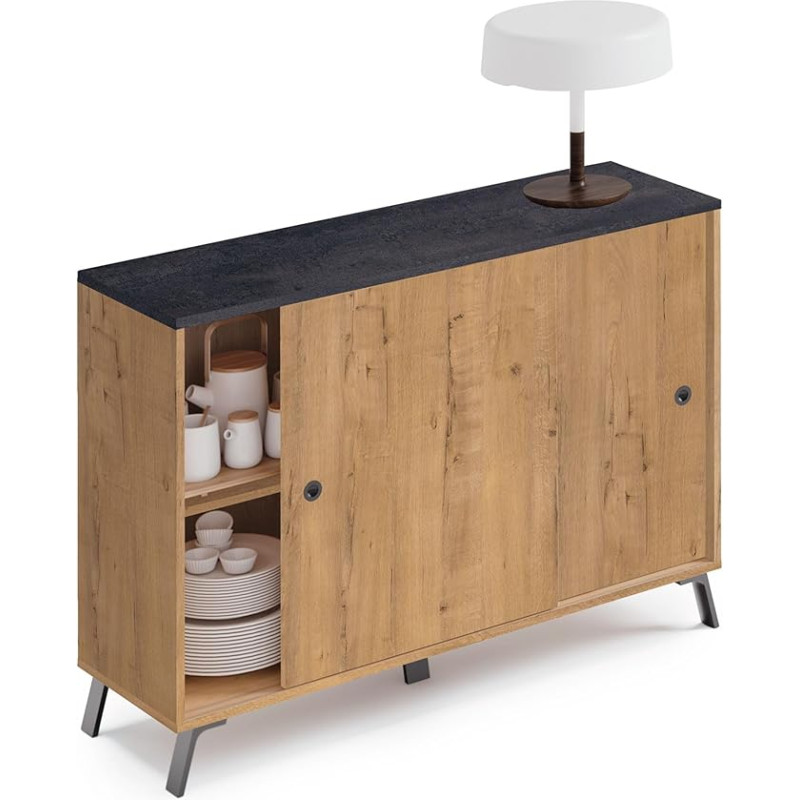 briebe LYS Living Room Cabinet Side Dining Room Buffet 2 Sliding Doors 87cm H x 120cm W x 40cm D Modern Design Gold Oak Marble