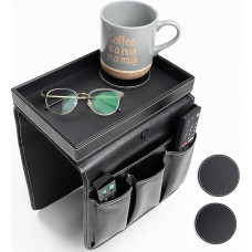 GLOCHYRA Armchair Caddy Remote Control Holder for Recliner Armrest Organizer PU Leather 5 Pockets Chair Caddy for Mobile Phone Magazines with Removable Arm Tray for Snacks, Comes with 2