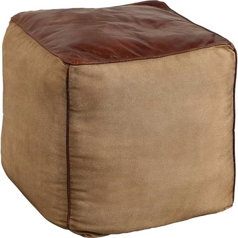 invicta INTERIOR Mustang Retro Seat Pouf 53 cm Leather Cover with Linen Seat Cube Pouf Stool