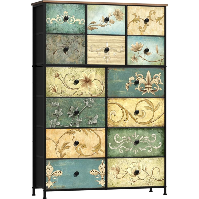 VEDECASA Chest of Drawers with 14 Drawers, Chest of Drawers for Bedroom with Floral Print, Fabric Chest of Drawers with Wooden Top, Drawer Storage for Bedroom, Living Room, Metal Frame