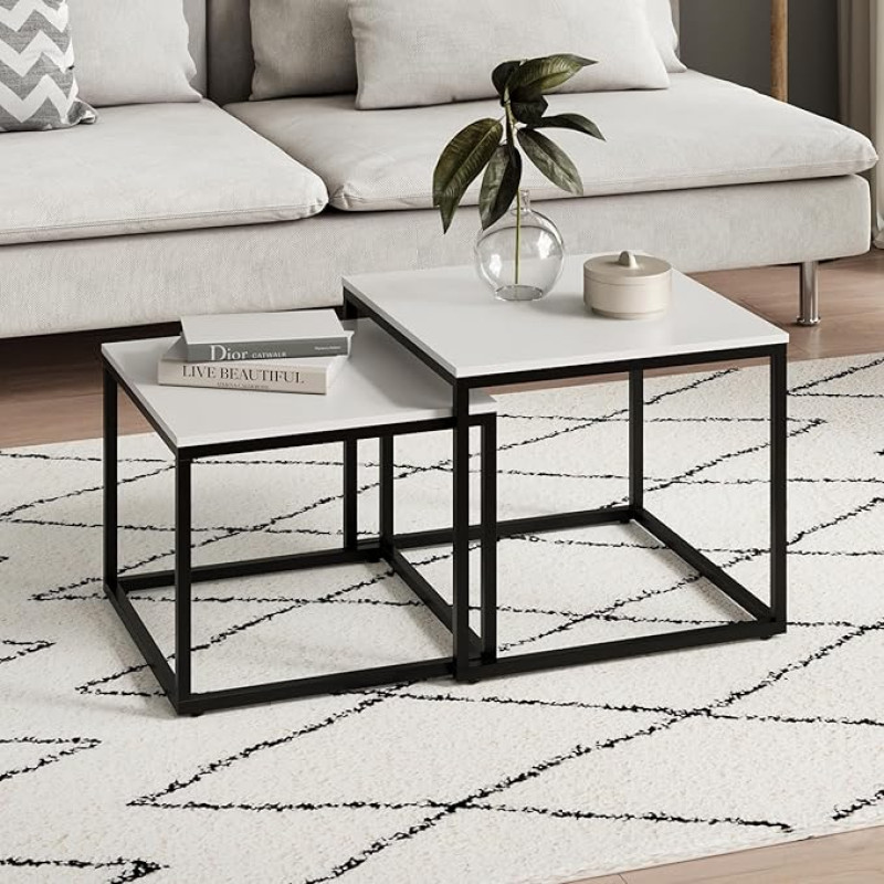 Home Collective Coffee Table Set of 2 Square Wooden Living Room Table Modern Side Table Set 2 in 1 with Metal Frame for Living Room Office Side Table Loft Design Twin White