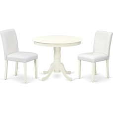 East West Furniture Antique 3 Piece Modern Dining Set Includes Round Kitchen Table with Base and 2 Faux Leather Upholstered Chairs, 36 x 36 Inch, Linen White