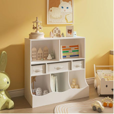 [en.casa] Vastesa Children's Shelf, Storage Shelf with 5 Compartments, Toy Shelf with 3 Boxes, 75 x 80 x 40 cm, Children's Bookcase, Children's Room Shelf, MDF White