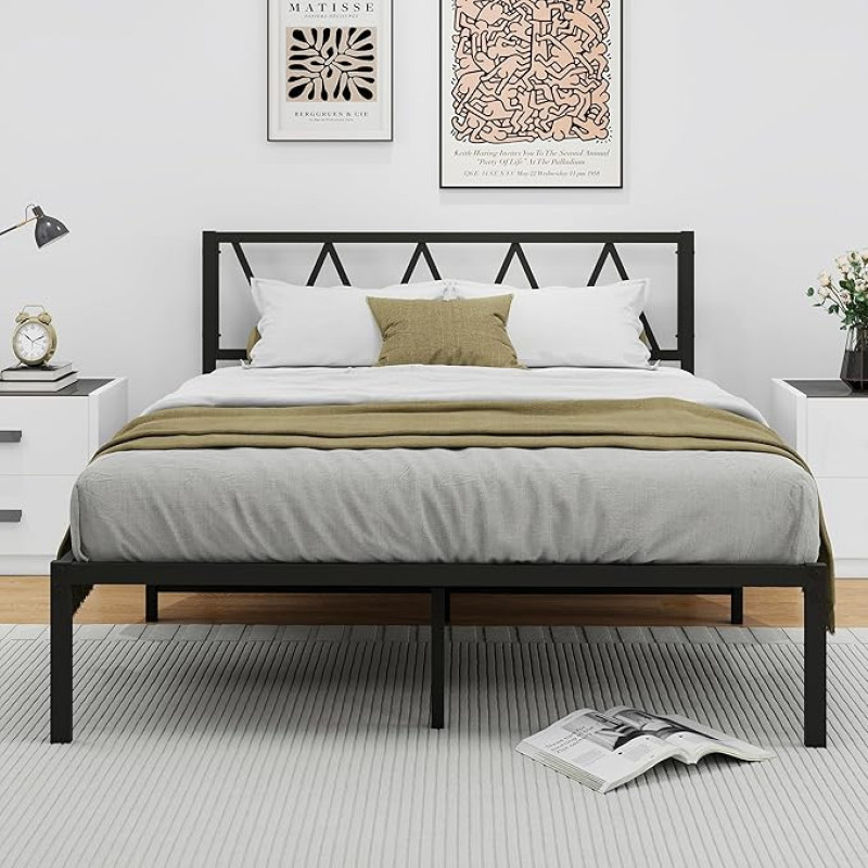 VERFARM Modern Metal Bed Frame 140 x 200 cm with Slatted Frame, Double Bed/Single Bed, Guest Bed, Youth Bed for Bedroom, Guest Room, Black