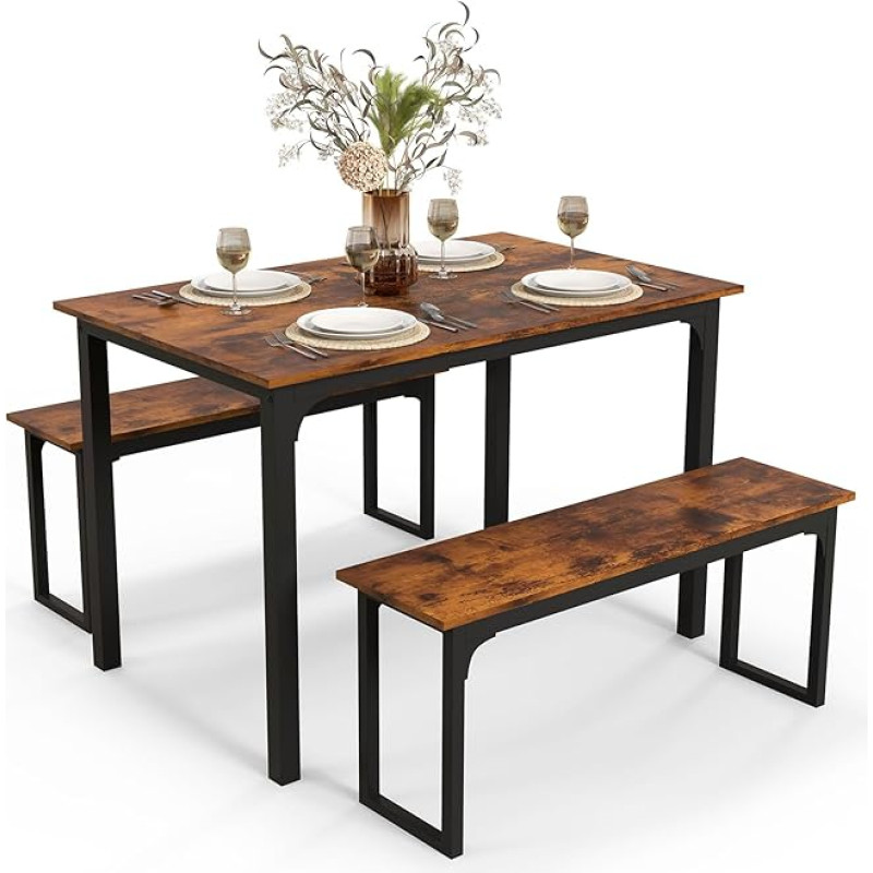 RELAX4LIFE Dining Table with 2 Benches, 3-Piece Dining Set, Kitchen Table Set with Metal Frame, Dining Room Group for 4 People, Industrial Design, Bar Table Set for Dining Room, Kitchen (Rustic Brown)