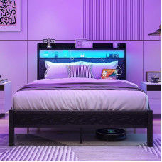 VERFARM Double Bed Frame with LED Lights, Padded Headboard and Charging Base, Solid Metal Bed, Double Size, No Box Spring Required, Noise Free