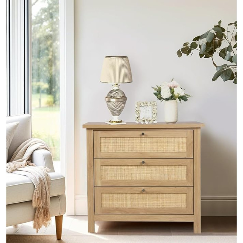 Hallowood Furniture Newquay Oak Effect Chest of Drawers with 3 Wooden Drawers and Rattan Front, Small Chest of Drawers, Bedside Drawers, Hallway & Bedroom, Living Room Cabinets