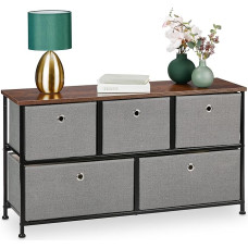 Relaxdays Chest of Drawers, H x W x D: 54.5 x 100 x 30 cm, Fabric & Steel Sideboard, 5 Drawers, Industrial Hallway Chest of Drawers, Grey/Brown