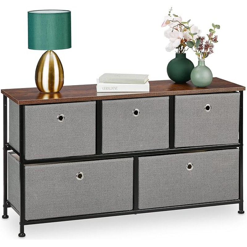Relaxdays Chest of Drawers, H x W x D: 54.5 x 100 x 30 cm, Fabric & Steel Sideboard, 5 Drawers, Industrial Hallway Chest of Drawers, Grey/Brown