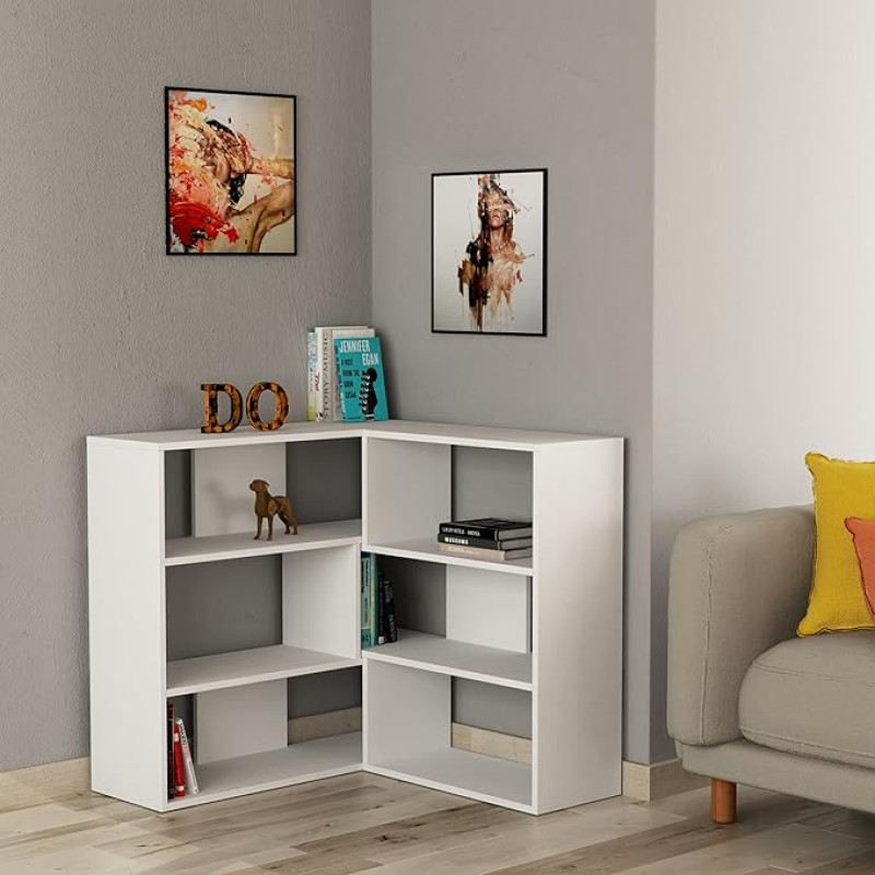 HOCUS PICUS Molly No:3 Corner Bookcase with Many Colour Options - Living Room Furniture - Easy to Assemble - Book & Essentials Storage - Two Size Options (White)
