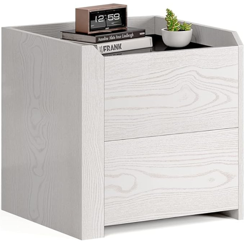 Mondeer Bedside Table with 2 Drawers Tempered Glass Modern Style for Living Room Bedroom W45 x H45 x D40 cm Cream White