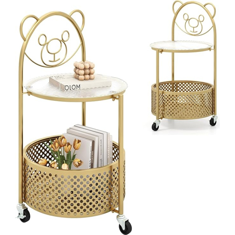 LIFEZEAL Glass Side Table on Wheels, Cute Sofa Table with Storage Basket, Small Flower Table, Snack Table with Cartoon Bear Motif for Living Room, Bedroom (Round, Gold)