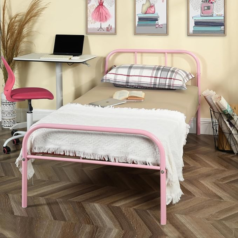 FurnitureR Single Metal Bed with Headboard and Footboard Sturdy Iron Base for Kids or Teens Home College Dorm Nursery Pink