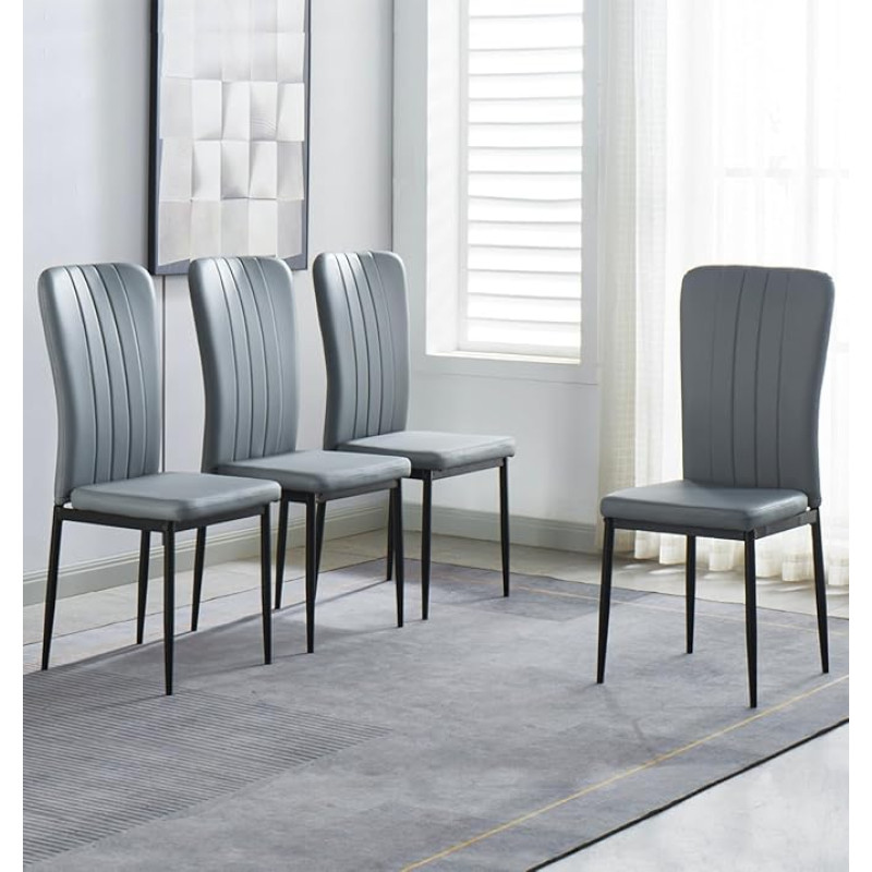 Hallowood Furniture Cullompton Dining Chairs Set of 4 Upholstered Chairs in Light Grey Faux Leather, Dining Chairs with Solid Backrest and Sturdy Black Metal Legs for Home, Office and Cafe