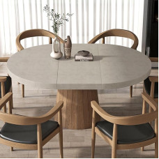 Homary Dining Table Oval Extendable Grey 1000-1400mm Japandi Style Wooden Dining Table With MDF And Oak Veneer For 4-6 People