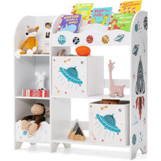 GOPLUS 3-Tier Kids Bookcase & Toy Organiser with 3 Book Compartments & 2 Storage Boxes, Freestanding Kids Storage Cabinet for Playroom, Nursery (UFO)