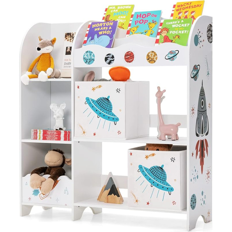 GOPLUS 3-Tier Kids Bookcase & Toy Organiser with 3 Book Compartments & 2 Storage Boxes, Freestanding Kids Storage Cabinet for Playroom, Nursery (UFO)