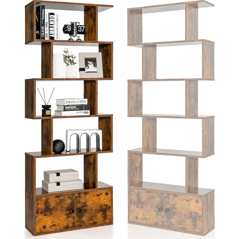 HOMASIS Bookcase with 5 Levels, Standing Shelf with Cabinet and 2 Doors, Wooden Storage Shelf, Wall Shelf, Room Divider Shelf Stand for Living Room, Office & Study Room, 70 x 23 x 183 cm (Brown)