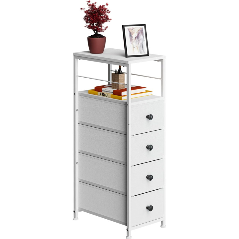 Shinoske Narrow Chest of Drawers with 4 Drawers Fabric and Wooden Shelf, Storage Chest of Drawers for Bedroom, Living Room, Children's Room, Hallway, Metal Frame, White