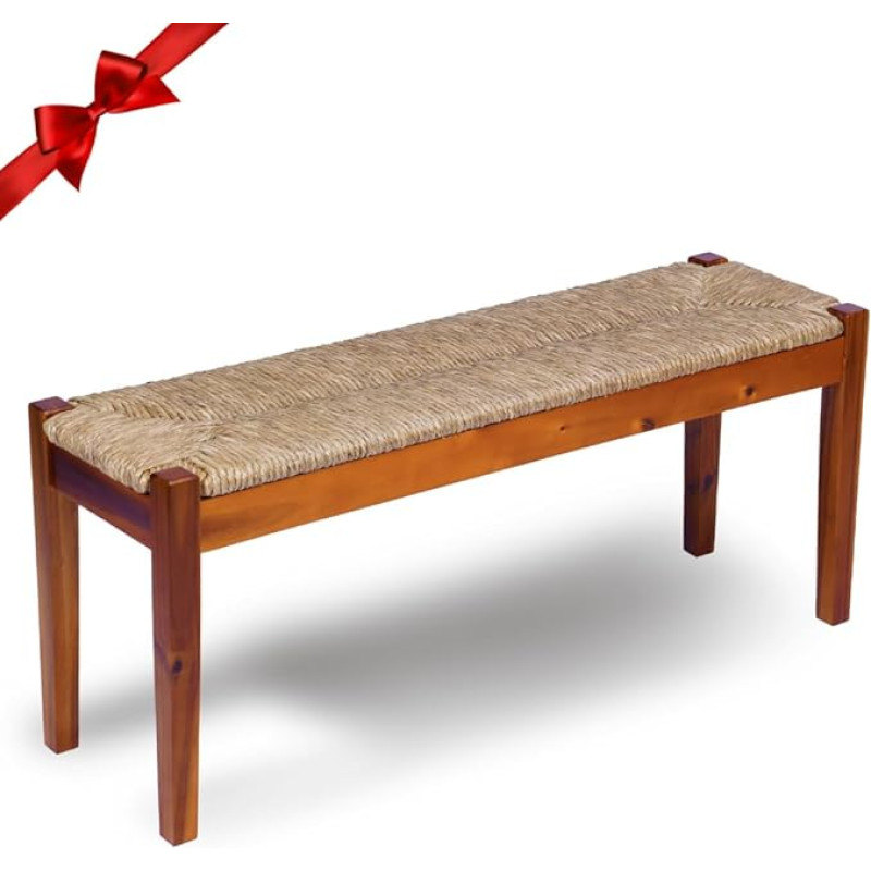 AV CONNECT Solid Acacia Wood Bench with Natural Woven Seat (Seagrass 118.1 x 35.1 x 49 cm, Brown Legs)