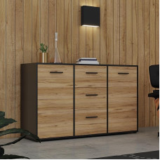 Forte MOKKARO Sideboard with 3 Drawers and 2 Doors, Composite Wood, Catania Oak/Black, W x H x D: 141.2 x 84.9 x 42 cm