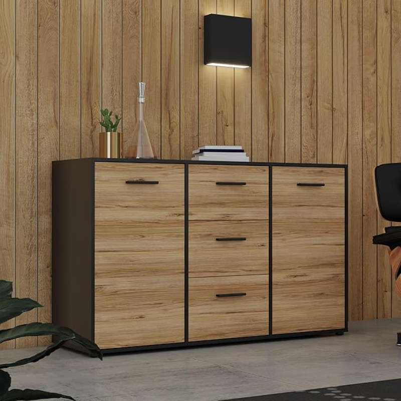 Forte MOKKARO Sideboard with 3 Drawers and 2 Doors, Composite Wood, Catania Oak/Black, W x H x D: 141.2 x 84.9 x 42 cm