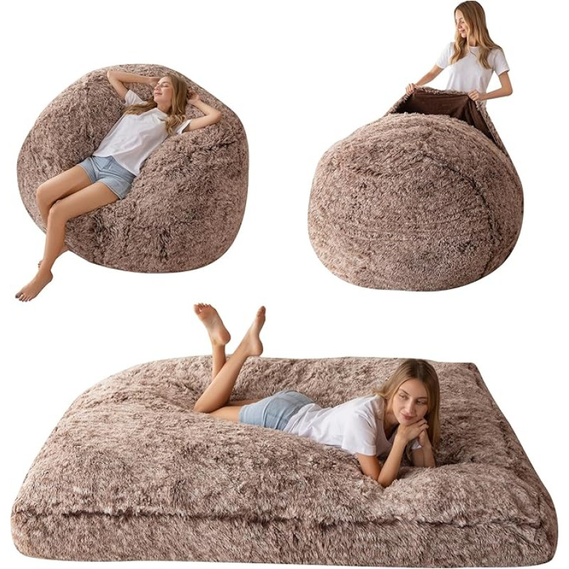 MAXYOYO Giant Bean Bag Bed - Convertible from Bean Bag to Bed - Large Sofa with Plush Cover and Fluffy Filling Included for Adults, Couples, Guests (Brown, King)