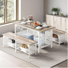 DWVO 3-Piece Dining Table Set for 4-6 People, 63 Inch Dining Room Table with 2 Benches, Industrial Rectangular Dining Room Table Set with Storage Space for Kitchen, Dining Room, Washed Grey