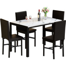 MIERES 5 Stück Marmor-Sets, Tisch 4 mit Kunstleder-Metallrahmen, Stühle für Esszimmer, Küche, Frühstücksecke, 02 Weiß
