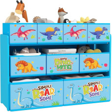 AIYAPLAY Kids Toy Storage Unit, 3-Tier Toy Organiser Shelf with 9 Non-Woven Fabric Boxes for Toys, Books, Dinosaur Style Toy Storage Organiser for Bedroom, Children's Room, Blue