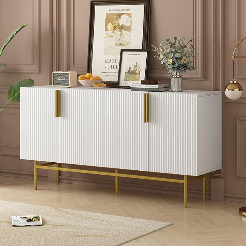 Merax Sideboard Kitchen Cabinet, Buffet Cabinet with 4 Doors, Metal Handle, Adjustable Shelves, Wavy Striped Design, for Dining Room, Living Room, Kitchen and Hallway (White/40.5 x 152.5 x 80 cm)