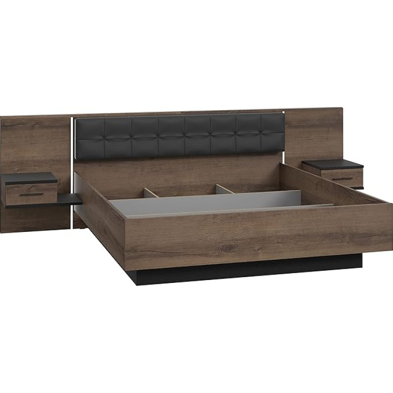 FORTE Bellevue Bed System with 2 Bedside Cabinets, Lying Surface 180 x 200 cm, Wood Composite, Black Oak/Mud Oak, 208.7 x 304.6 x 96.5 cm